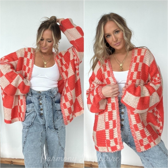 Plaid & Cozy Days Cardigan - Red Orange - Picture 4 of 9